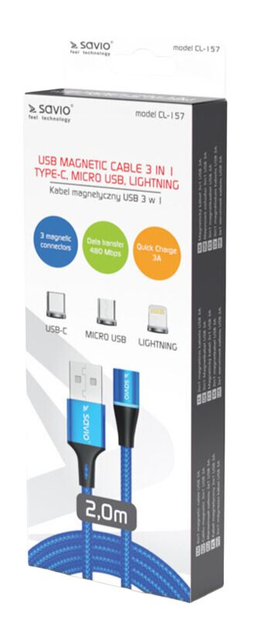 Kabel Savio CL-157 Magnetic 3 w 1 Type-C, Micro USB, Lightning (SAVKABELCL-157) - obraz 2