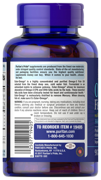 Омега-3 риб'ячий жир + вітамін Д3, Omega-3 Fish Oil, 1000 IU of Vitamin D3, Puritan's Pride, 1200/1000 МО, 90 капсул (PTP-19405) - зображення 4