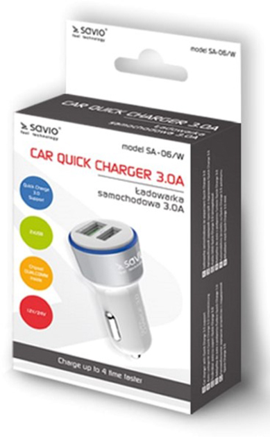 Автомобільний зарядний пристрій Savio SA-06/W Quick Charge 3.0 2xUSB білий (5901986044543) - зображення 3