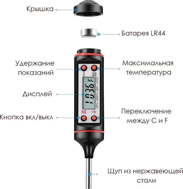 Термометр кулинарный кухонный градусник с щупом для жарки гриля мяса барбекю Черный - Фото 5 Термометр кулинарный кухонный градусник с щупом для жарки гриля мяса барбекю Черный - изображение 5