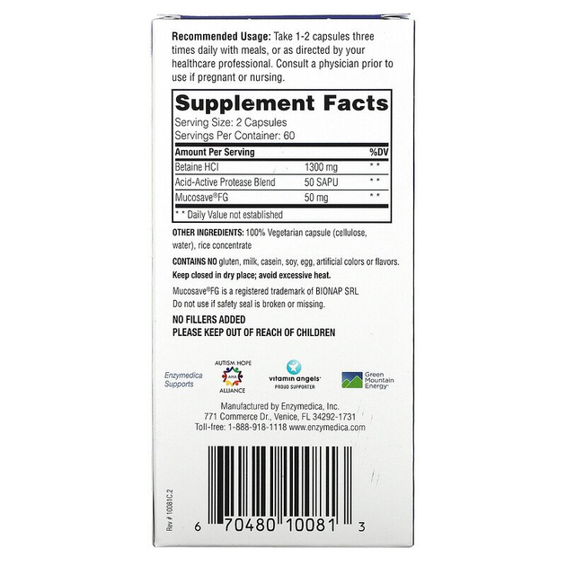 Бетаин гидрохлорид, Betaine HCI, Enzymedica, 120 капсул (ENZ-10081 ...