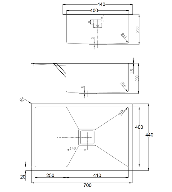 Кухонна мийка Fabiano Quadro 70 D (70x44) 1,20 мм 8216.401.0832 - зображення 2