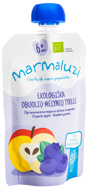 Упаковка органічного пюре Marmaluzi Яблучно-чорничне в паучі 90 г х 3 шт (4779031612983-1) - зображення 2