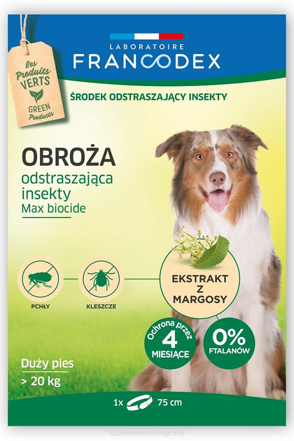 Obroża biobójcza Francodex dla dużych psów powyżej 20 kg odstraszająca insekty 4 miesiące ochrony 75 cm (3283021791738) - obraz 1