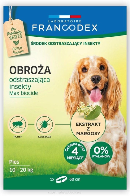 Obroża biobójcza Francodex dla średnich psów od 10 kg do 20 kg odstraszająca insekty 4 miesiące ochrony 60 cm (3283021791721) - obraz 1