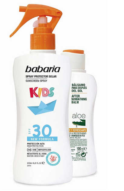Набір для дітей Babaria Sun Kids Сонцезахисний лосьйон Water Resistant SPF30 Spray 200 мл + Молочко після засмаги Aloe Vera 100 мл (8410412520324) - зображення 1