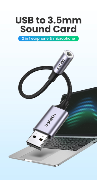 Звуковая карта Ugreen USB - 3.5мм minijack с поддержкой микрофона 24 бит/96 кГц TRRS Наружный Адаптер AUX 4-пиновый Металлический Черный - изображение 3