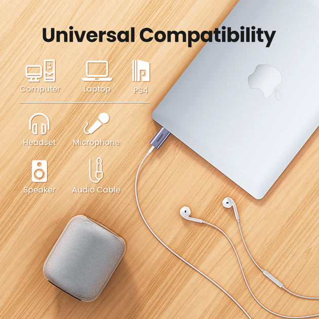 Звуковая карта Ugreen USB - 3.5мм minijack с поддержкой микрофона 24 біт/96 кГц TRRS Наружный Адаптер Стерео AUX 4-пиновый Серый - изображение 5