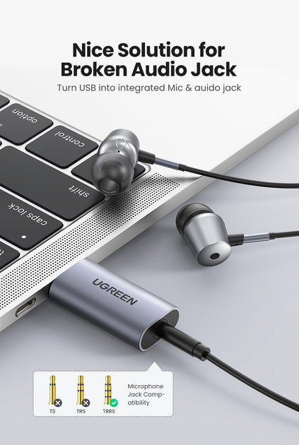 Звуковая карта Ugreen USB - 3.5мм minijack с поддержкой микрофона 24 біт/96 кГц TRRS Наружный Адаптер Стерео AUX 4-пиновый Серый - изображение 7