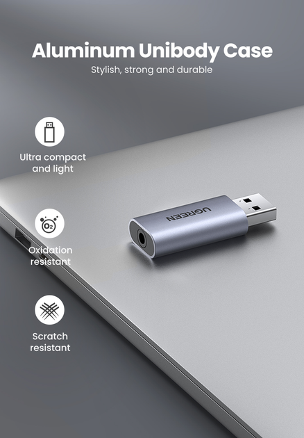 Звуковая карта Ugreen USB - 3.5мм minijack с поддержкой микрофона 24 біт/96 кГц TRRS Наружный Адаптер Стерео AUX 4-пиновый Серый - изображение 11