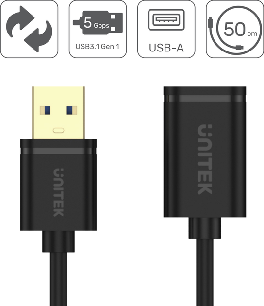 Kabel Unitek USB 3.0 AM-AF 0,5 m Czarny (Y-C456GBK) - obraz 2