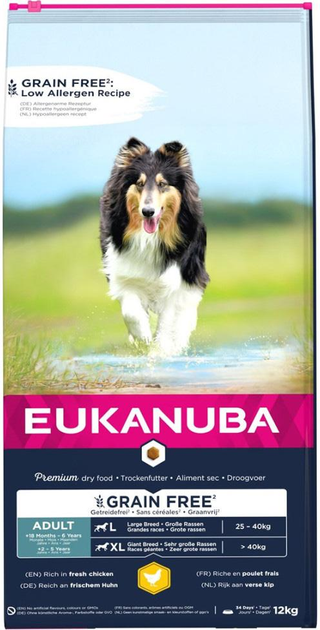 Karma sucha dla dorosłych psów na każdym etapie życia Eukanuba adult large grain free kurczak pies 12 kg (8710255187983) - obraz 1