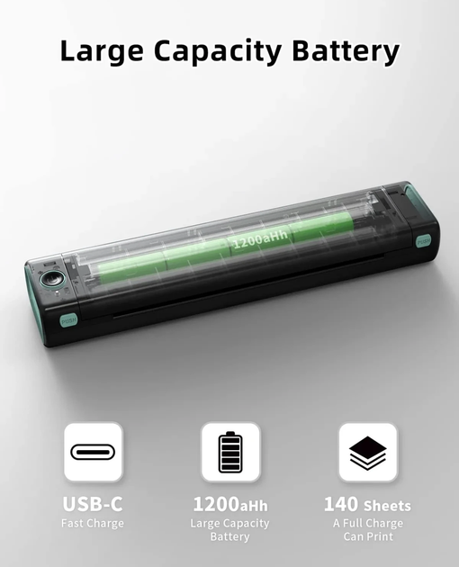 Портативный термопринтер Phomemo M08F для печати на А4, беспроводной, 1200 mAh, Bl-Gr + 400 листов А4 и сумка - изображение 2