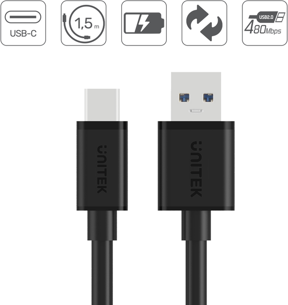 Кабель Unitek USB-A 2.0 - USB-C 1.5m C14067BK - зображення 2