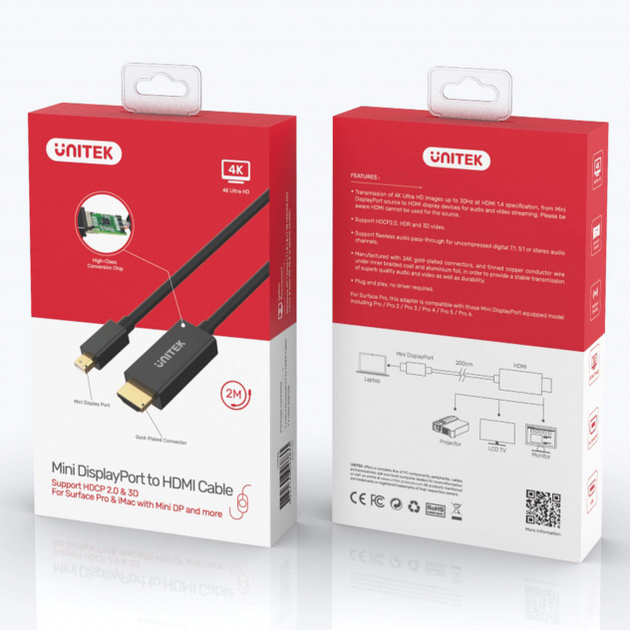 Адаптер Unitek mini DisplayPort для HDMI 4K 30Hz 2 м (4894160046833) - зображення 4