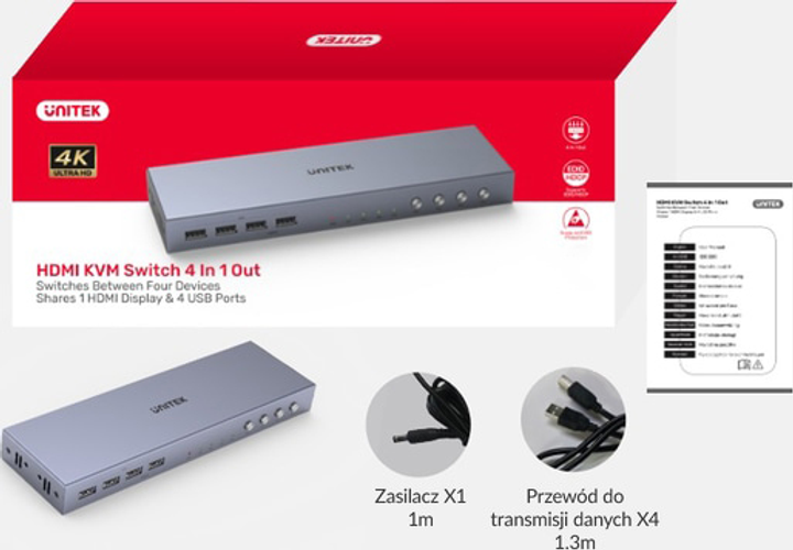 KVM-перемикач Unitek 4K HDMI 2.0 4 входа 1 вихід + USB (4894160048318) - зображення 5