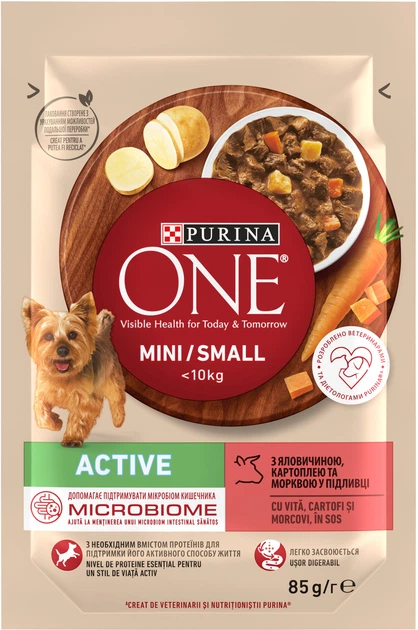 Упаковка влажного корма для собак Purina One Mini/Small Active кусочки в соусе с говядиной, картофелем и морковью 26 шт по 85 г (8445290298270) - Фото 2 Упаковка влажного корма для собак Purina One Mini/Small Active кусочки в соусе с говядиной, картофелем и морковью 26 шт по 85 г (8445290298270) - изображение 2