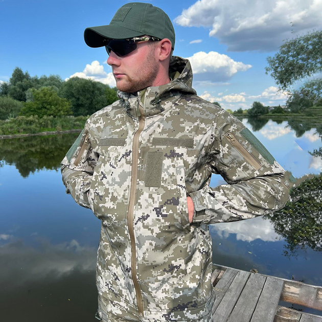 Мужская водонепроницаемая куртка Softshell с капюшоном и липучками под шевроны пиксель размер XL - изображение 2
