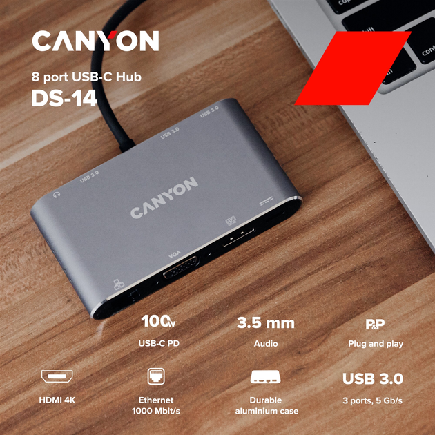 USB-Hub Canyon 8-portowy USB-C Hub DS-14 (CNS-TDS14) - obraz 2