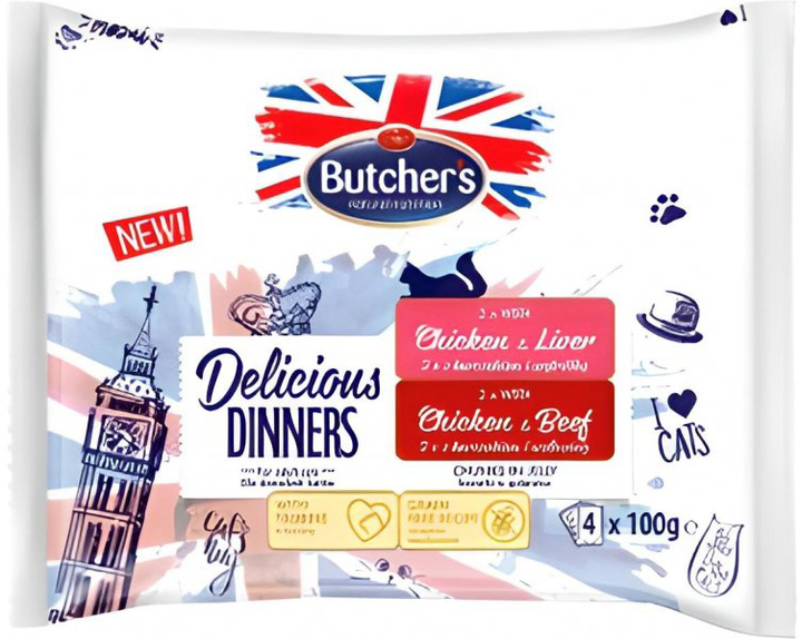 Mokra karma dla kotów Butcher's Delicious Dinners z kurczakiem wątróbką i wołowiną 4 x 100 g (5011792008223) - obraz 1