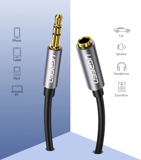 Кабель Ugreen AV118 3.5 мм Male to 3.5 мм Female 1 м Gray (6957303815920) - зображення 2