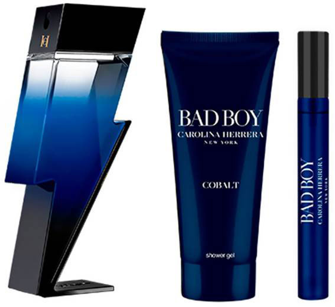 Zestaw Carolina Herrera Bad Boy Cobalt Eau De Parfum Spray 100 ml + Perfumowany spray 10 ml + Żel pod prysznic 100 ml Christmas Set 2022 (8411061049389) - obraz 1