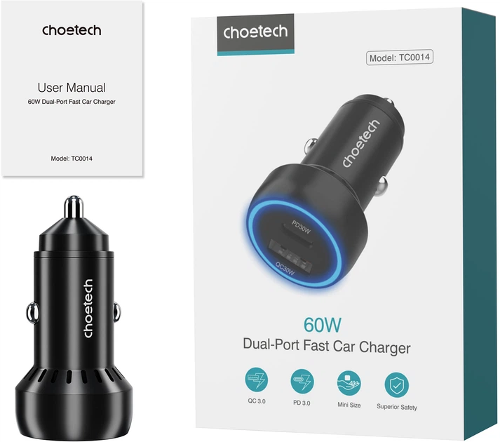 Автомобільний зарядний пристрій CHOETECH TC0014-BK USB-A USB Type-C - зображення 10