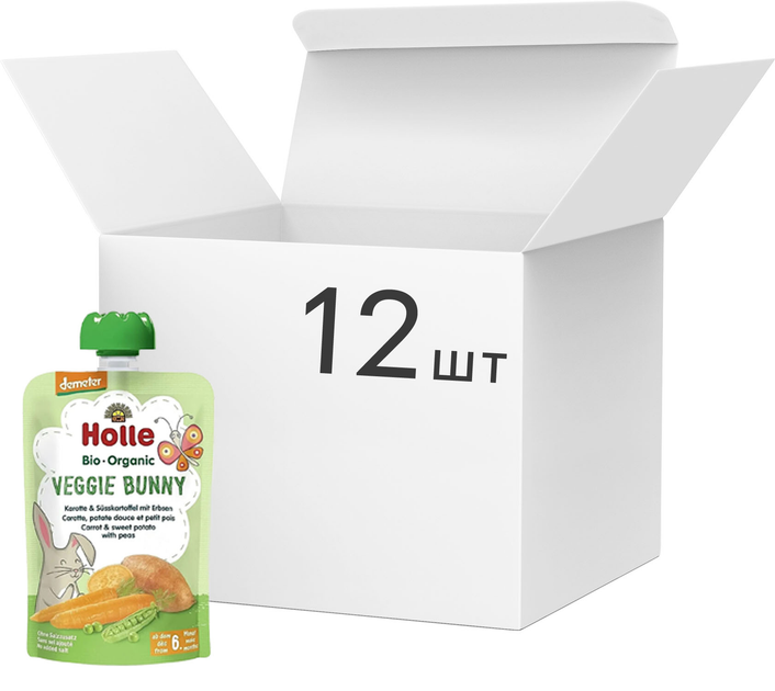 Упаковка пюре Holle Veggie Bunny органическое из моркови, сладкого картофеля и горошка с 6 месяцев 100 г х 12 шт (7640161877061) 