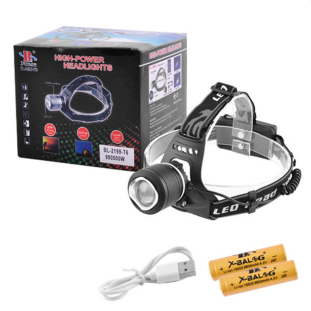 Аккумуляторный налобный фонарик BL-2199 с диодом T6 с зумом (зарядка от USB ) Черный - изображение 2