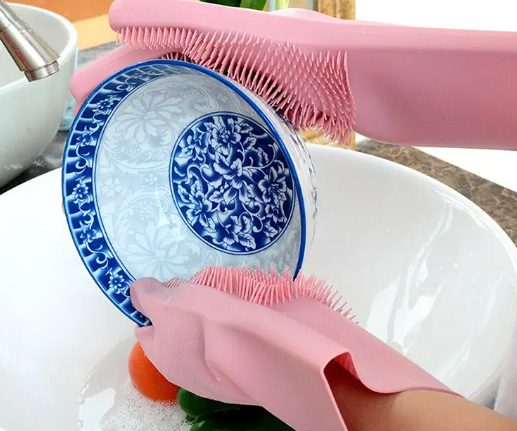 Универсальные перчатки для кухни с щеткой KITCHEN GLOVES 5511 силиконовые, Розовые - изображение 2