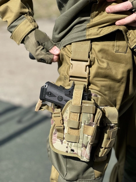Настегнана тактична кобура для пістолета Tactic універсальна кобура на пояс з кишенею під магазин Мультикам (holster-1019-multicam) - зображення 2