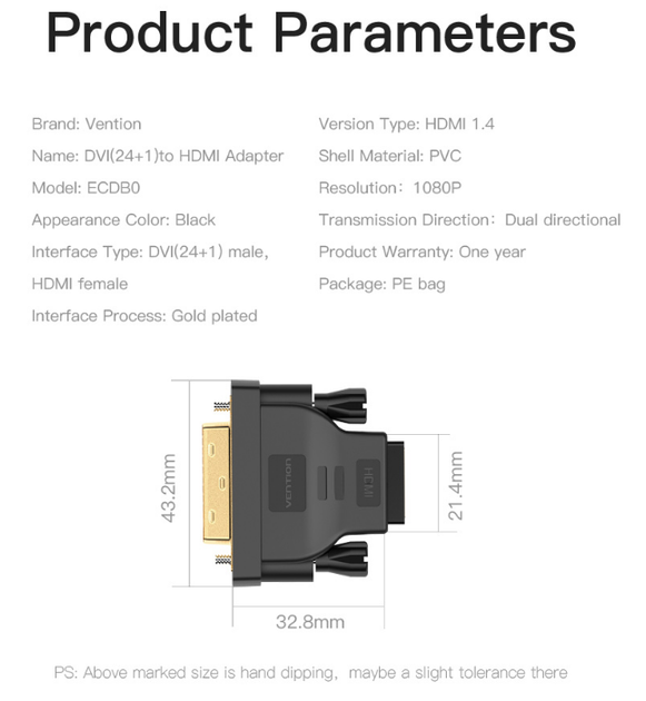 Перехідник конвертер DVI на HDMI converter Vention Bi-directional (HDMI 1.4, Full HD 60Hz). Black - зображення 3