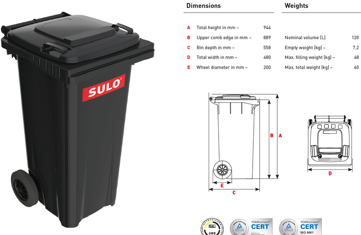 Мусорный контейнер SULO 500 х 933 х 550 мм 120 л Желтый (MGB.Y 120) - изображение 5