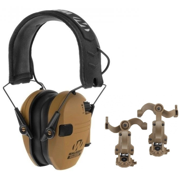 Активные шумоподавляющие наушники Walker's Razor для безопасности органов слуха с креплениями на шлем каску в комплекте OPS Core Чебурашки Койот (Kali) - изображение 1