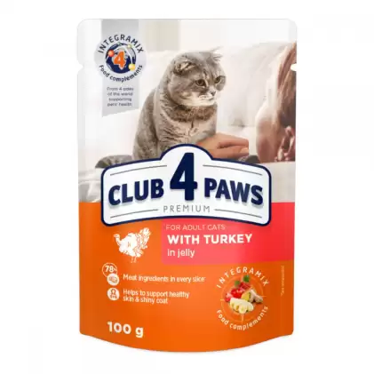 Клуб 4 Лапи вологий корм з індичкою в желе для кішок 0,1 кг (Club 4 Paws Premium With Turkey) - Фото 1 Клуб 4 Лапи вологий корм з індичкою в желе для кішок 0,1 кг (Club 4 Paws Premium With Turkey) - зображення 1