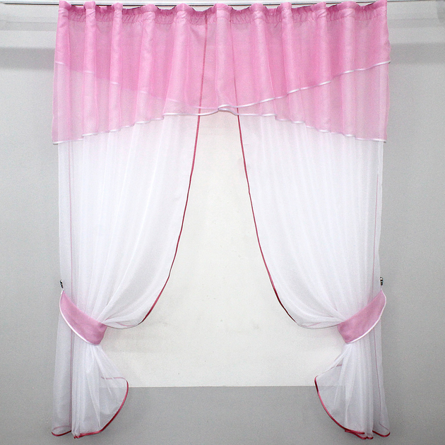 Акція на Кухонний комплект VR-Textil № 091к штори з ламбрекеном на карниз 1-1.5 м 280х170 см Рожевий з білим (52-0256) від Rozetka
