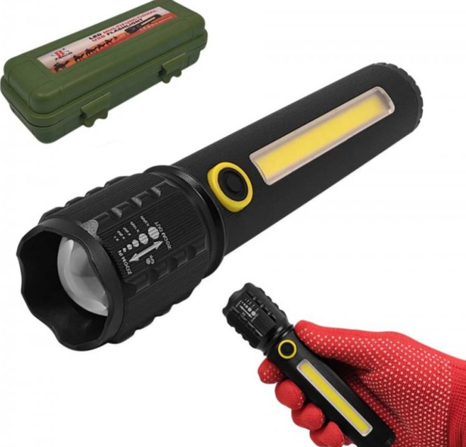 Аккумуляторный фонарик C72 с боковым диодом СОВ (зарядка от USB) в футляре Черный - изображение 2