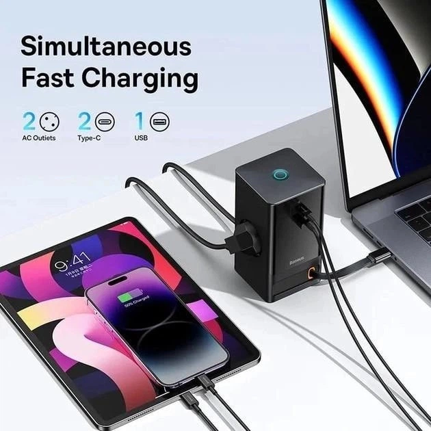 Мережевий зарядний пристрій Baseus PowerCombo Digital PowerStrip 65W (2 AC + 1 USB + Type-C + Кабель Type-C) 1,5м (PSLR000301) - зображення 6