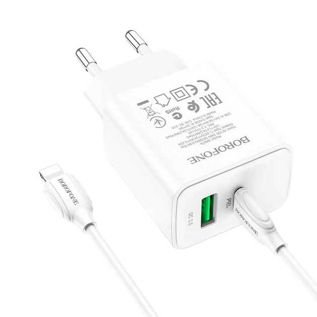 Блочок Borofone BA67A PD20W/QC3.0 с двумя выходами 1USB-A/1Type-C, набор с кабелем Type-C to Lightning White - Фото 1 Блочок Borofone BA67A PD20W/QC3.0 с двумя выходами 1USB-A/1Type-C, набор с кабелем Type-C to Lightning White - изображение 1