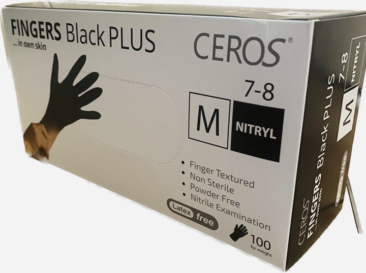 Нітрилові рукавички CEROS Fingers BLACK PLUS 5.5 грам 100 штук розмір М - зображення 1