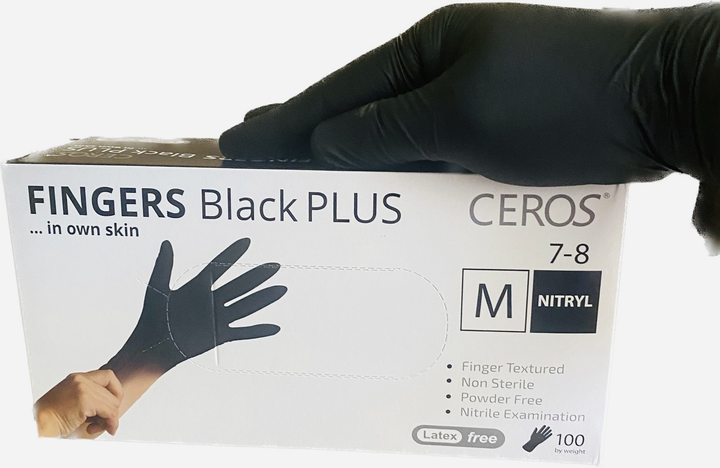 Нітрилові рукавички CEROS Fingers BLACK PLUS 5.5 грам 100 штук розмір М - зображення 2