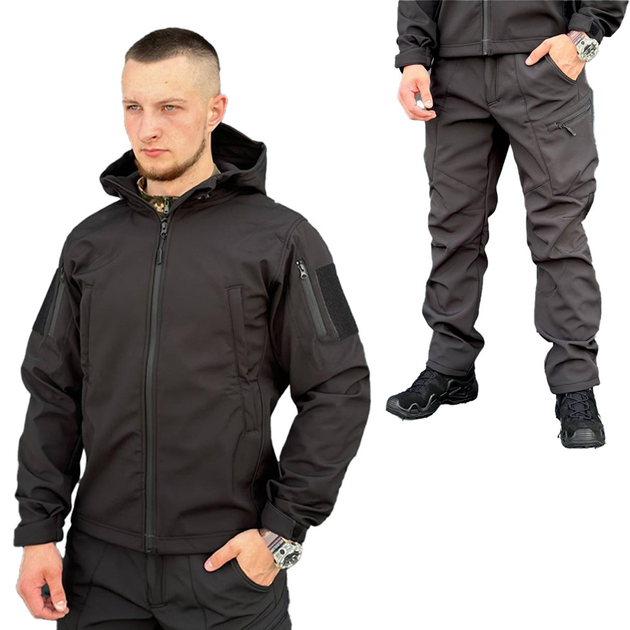 Костюм мужской на флисе Куртка + Брюки / Утепленная форма Softshell черная размер L - изображение 1