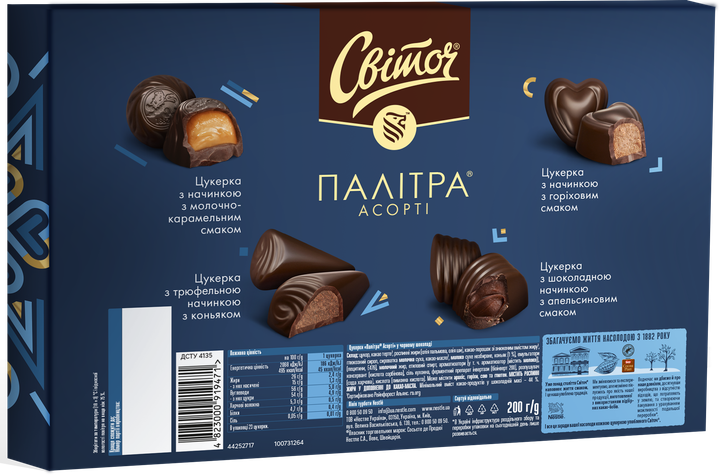 Конфеты Світоч Палитра Ассорти в черном шоколаде в коробке 200 г (4823000919471) - Фото 2 Конфеты Світоч Палитра Ассорти в черном шоколаде в коробке 200 г (4823000919471) - изображение 2