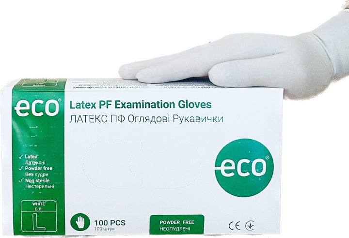 Рукавички оглядові латексні неопудрені нестерильні Latex PF Examination Gloves ECO розмір L 100штук - изображение 1