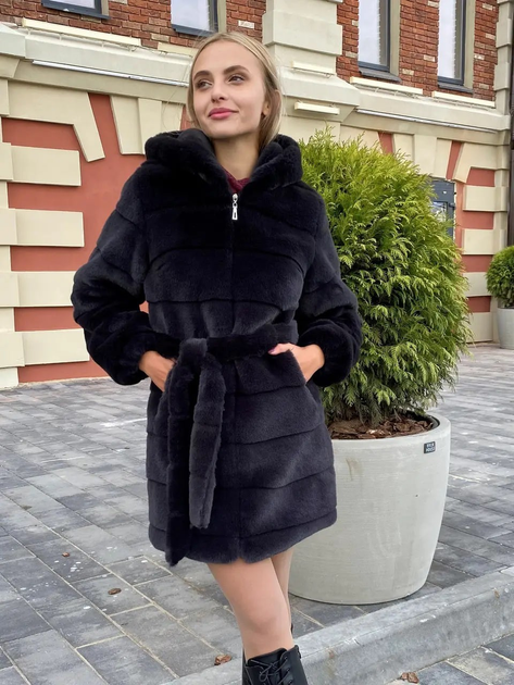 Шуба из искусственного меха шиншиллы с капюшоном и поясом MNC темно ...