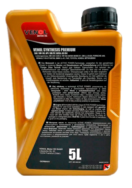 Olej silnikowy Venol Synthesis Premium SL CF 5W-30 5 l (4260420296285) - obraz 2