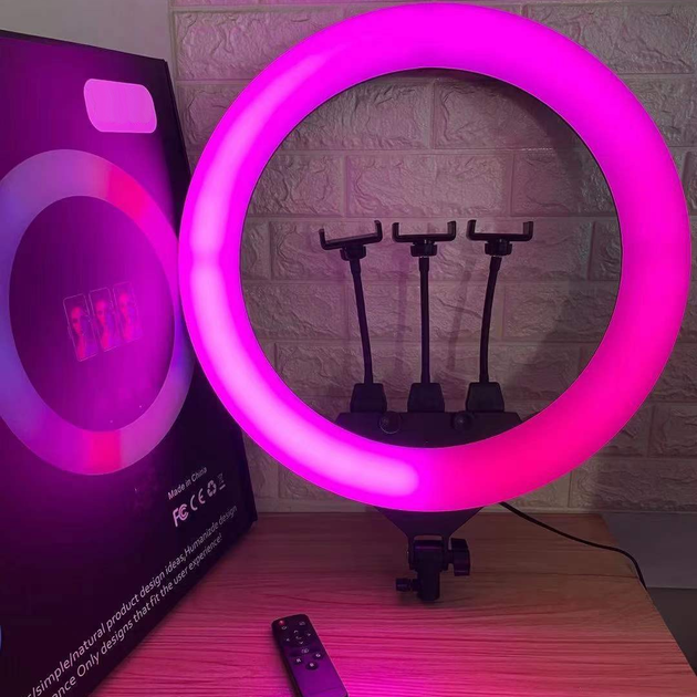Большая кольцевая лампа светодиодная M-Light RGB Led 56см с тремя держателями телефона и пультом, разноцветная подсветка для селфи - изображение 9