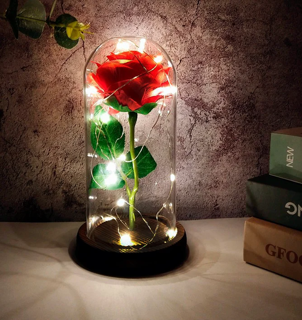 Троянда в колбі під скляним куполом яскрава червона з LED підсвічуванням Rose of Love квітка-нічник вічна троянда 27 см Red - Фото 8 Троянда в колбі під скляним куполом яскрава червона з LED підсвічуванням Rose of Love квітка-нічник вічна троянда 27 см Red - зображення 8