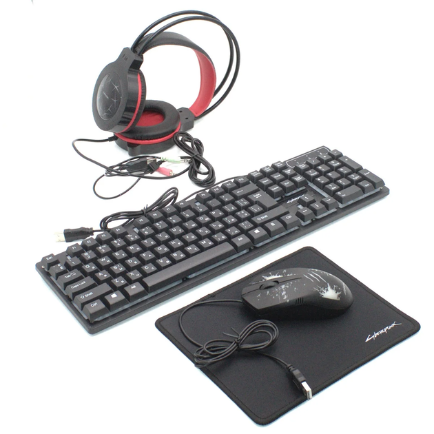 Комплект геймерский 4в1 "Киберпанк" игровая клавиатура и мышь Jedel CYBERPUNK 2077 9CP с RGB подсветкой + наушники, коврик для мыши - изображение 3