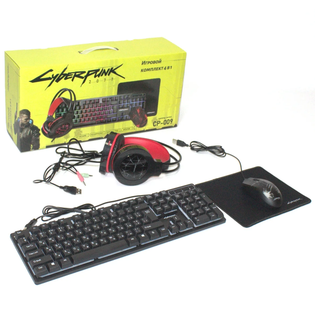 Комплект геймерский 4в1 "Киберпанк" игровая клавиатура и мышь Jedel CYBERPUNK 2077 9CP с RGB подсветкой + наушники, коврик для мыши - изображение 12